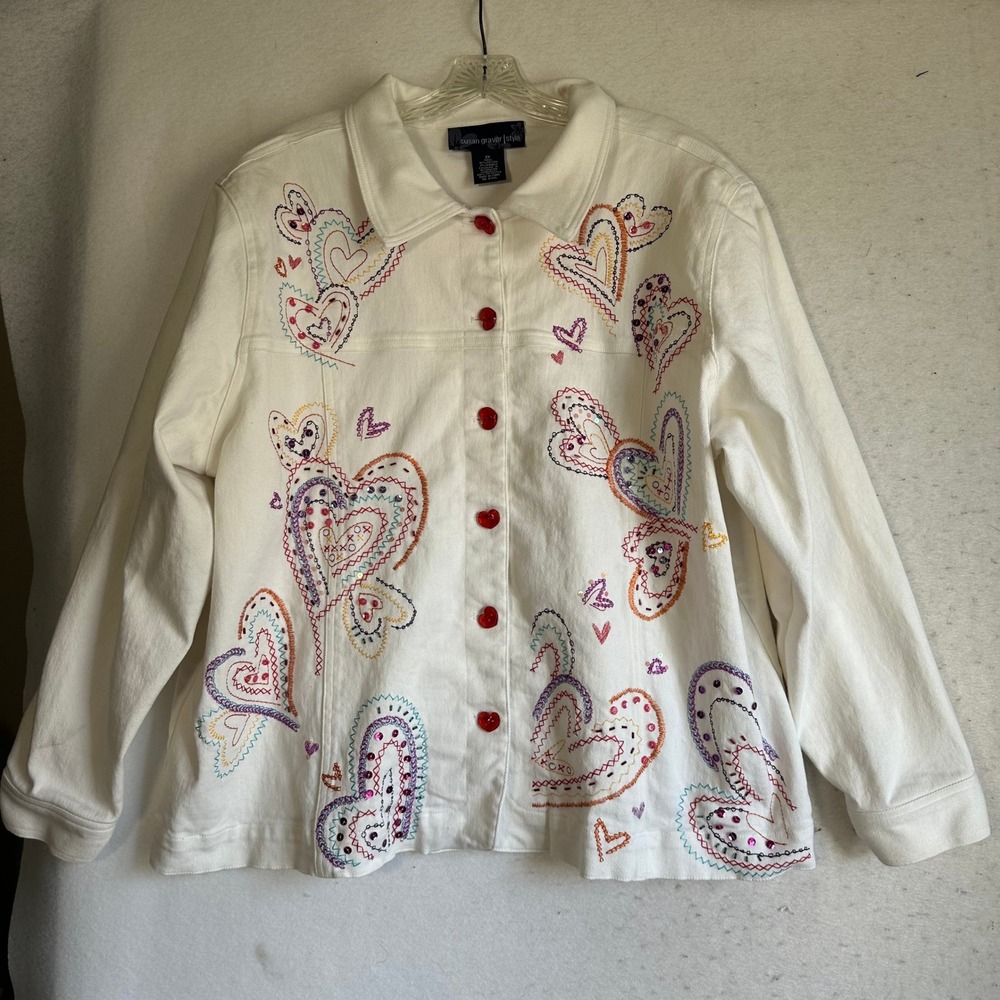 Susan Graver Style White Denim Heart Embroidered Sequin Jacket Red Heart Buttons